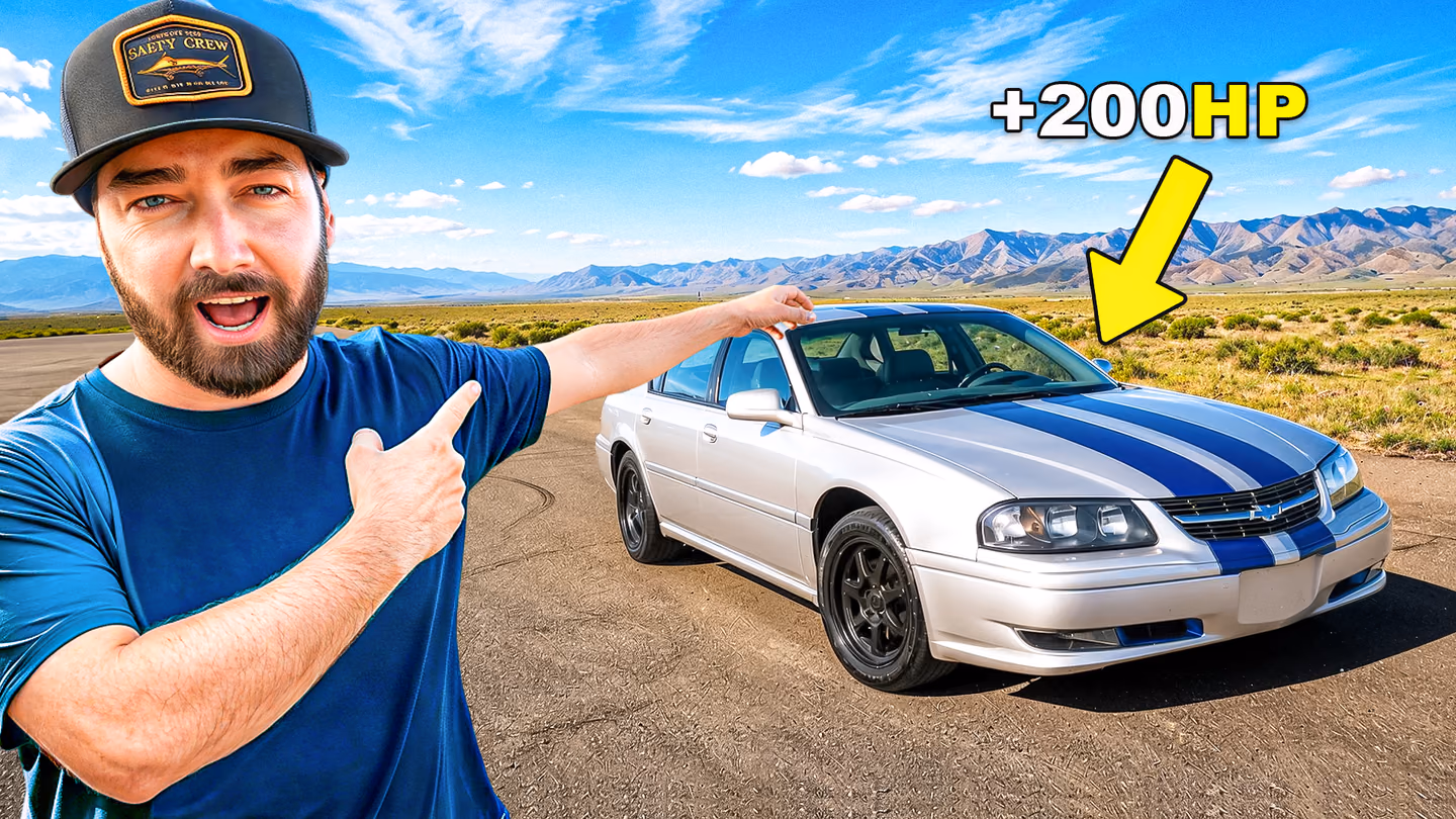 A presenter points toward a silver performance car beneath a plus 200 HP label and yellow arrow.