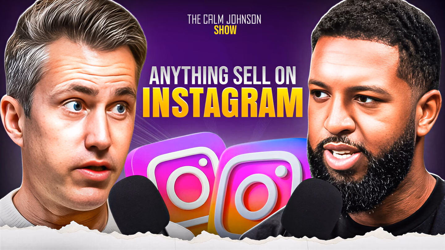 Two podcast speakers frame an Instagram headline and large Instagram app icons on a purple background.