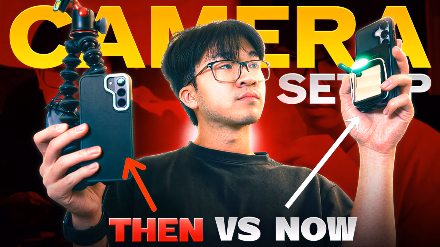 A creator holds two camera setups beneath oversized camera text and then versus now labels.