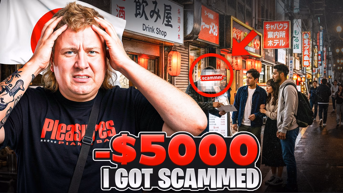 A distressed traveler appears beside a Japanese street, a circled figure, and a negative 5000 dollar headline.