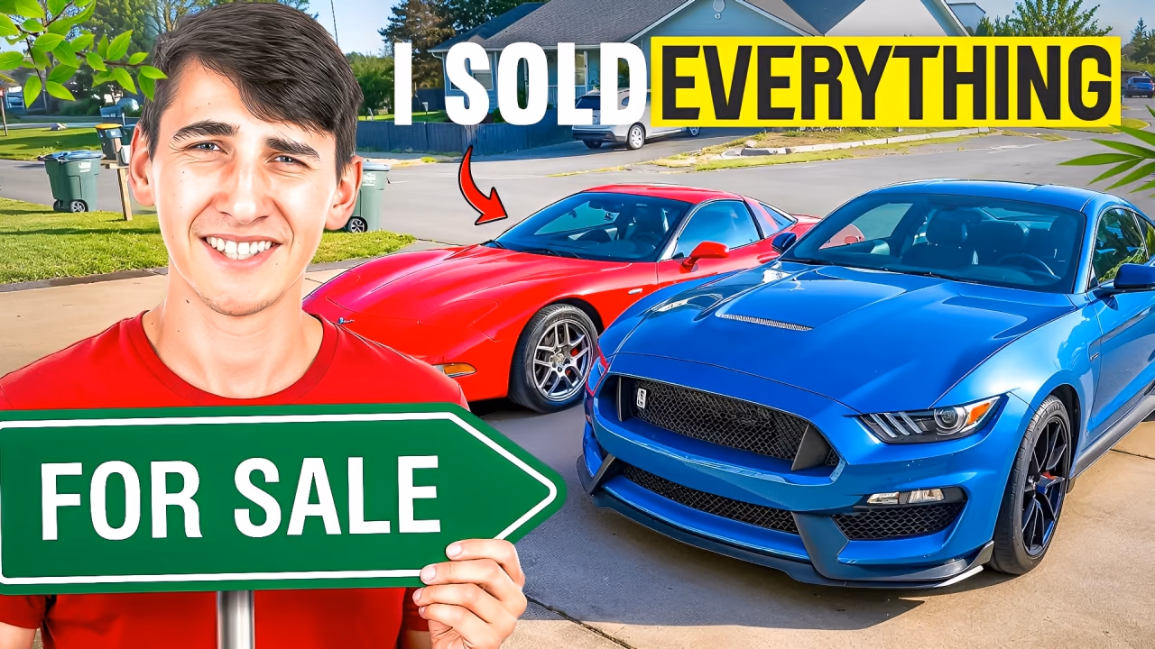 A smiling creator holds a for-sale sign in front of red and blue sports cars under a sold everything headline.