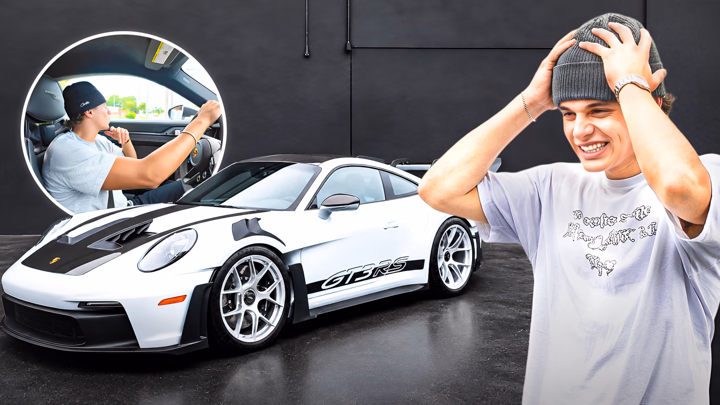 A white Porsche GT3 RS sits between an inset driving scene and a creator reacting with his hands on his head.