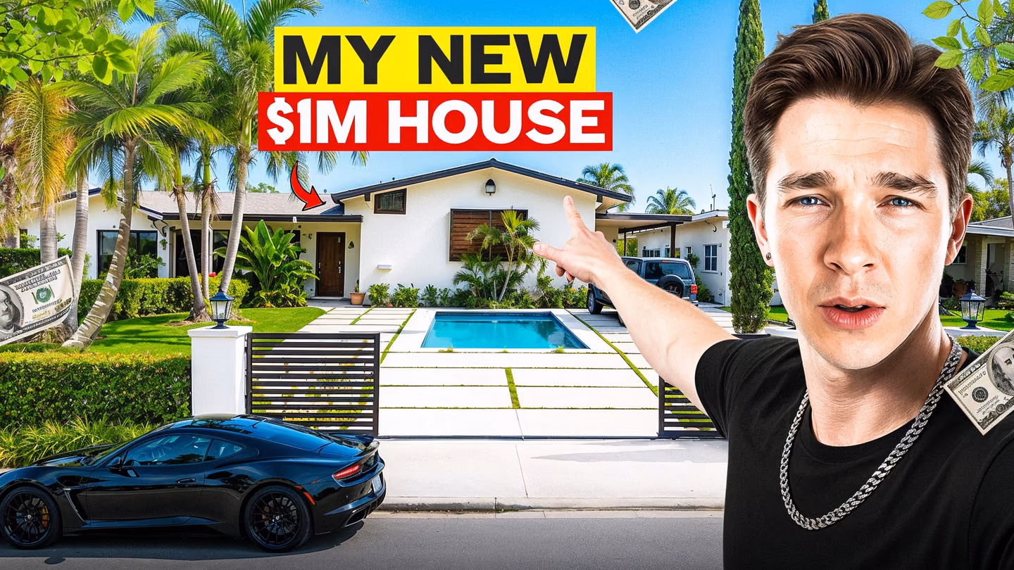 A creator presents a modern house with a pool, sports car, floating money, and a one million dollar headline.