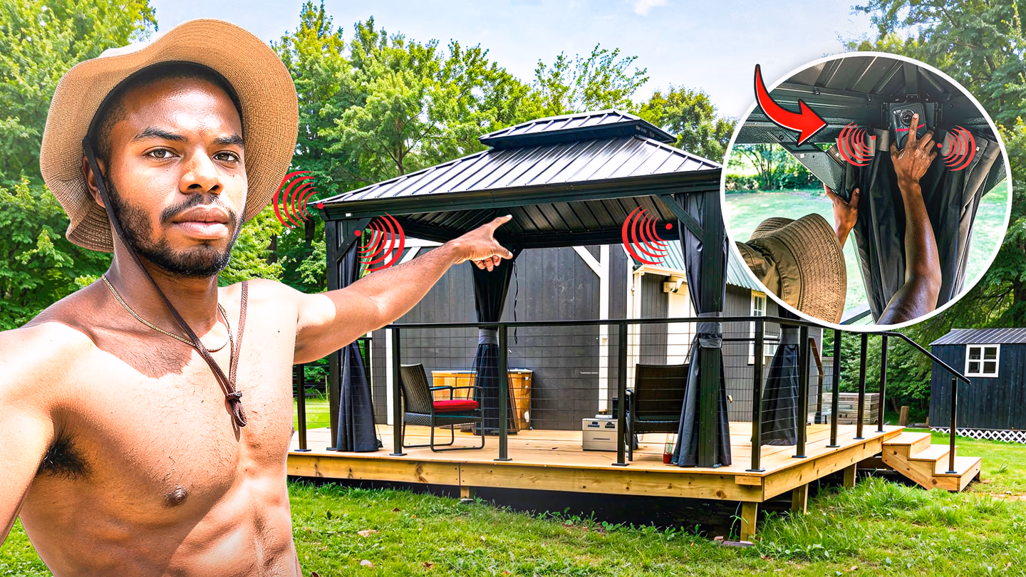 A presenter points toward an outdoor gazebo with sound-wave marks and an inset showing hidden speakers.
