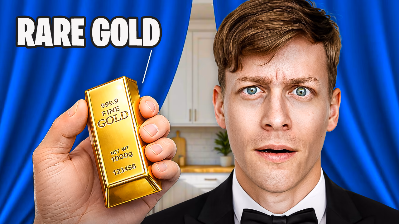 A hand holds a gold bar beside a puzzled man in formal clothing against blue curtains.
