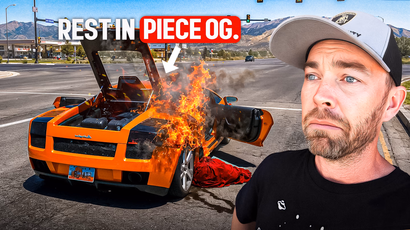 A sad creator stands beside a burning orange Lamborghini beneath a rest in peace headline.