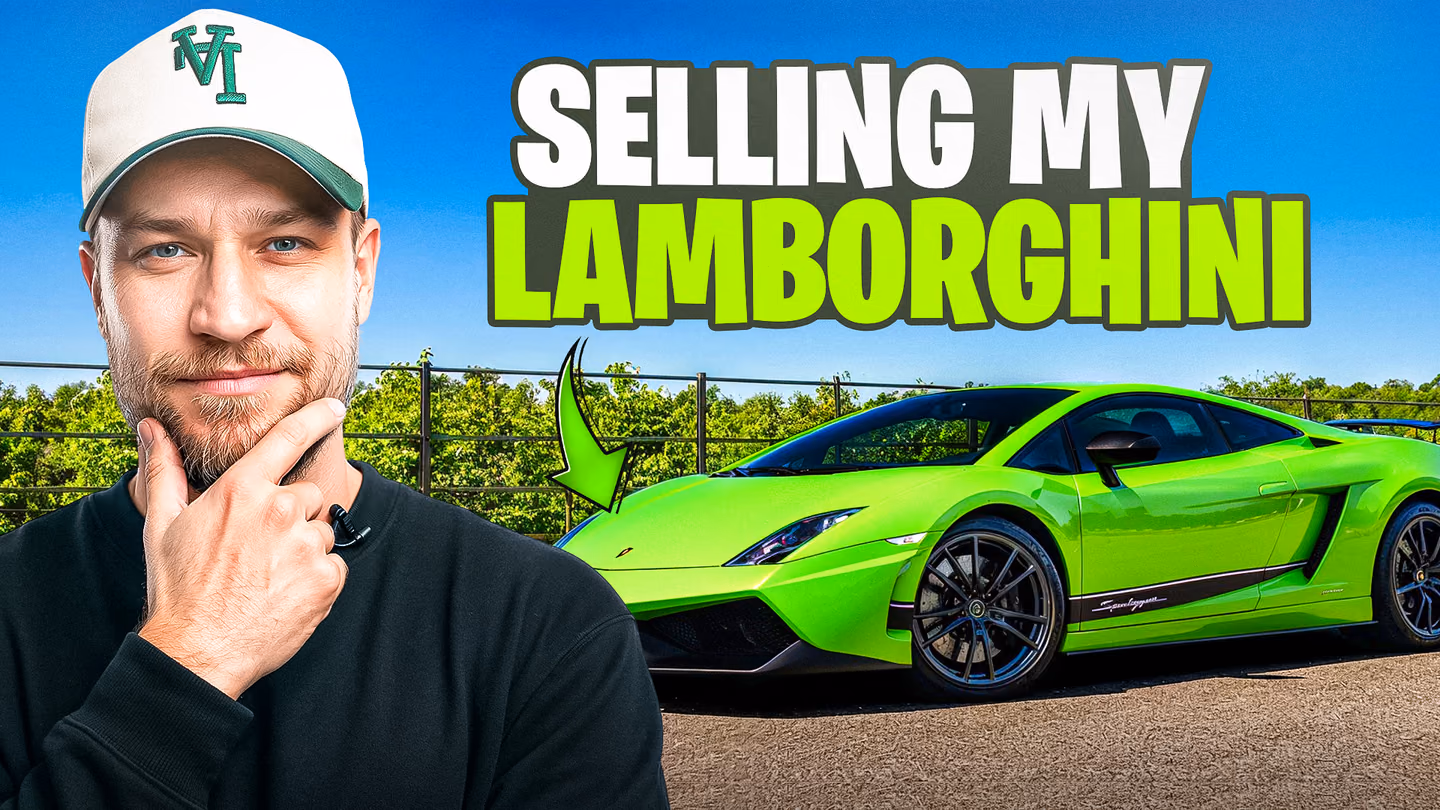 A thoughtful creator stands beside a bright green Lamborghini beneath a selling my Lamborghini headline.