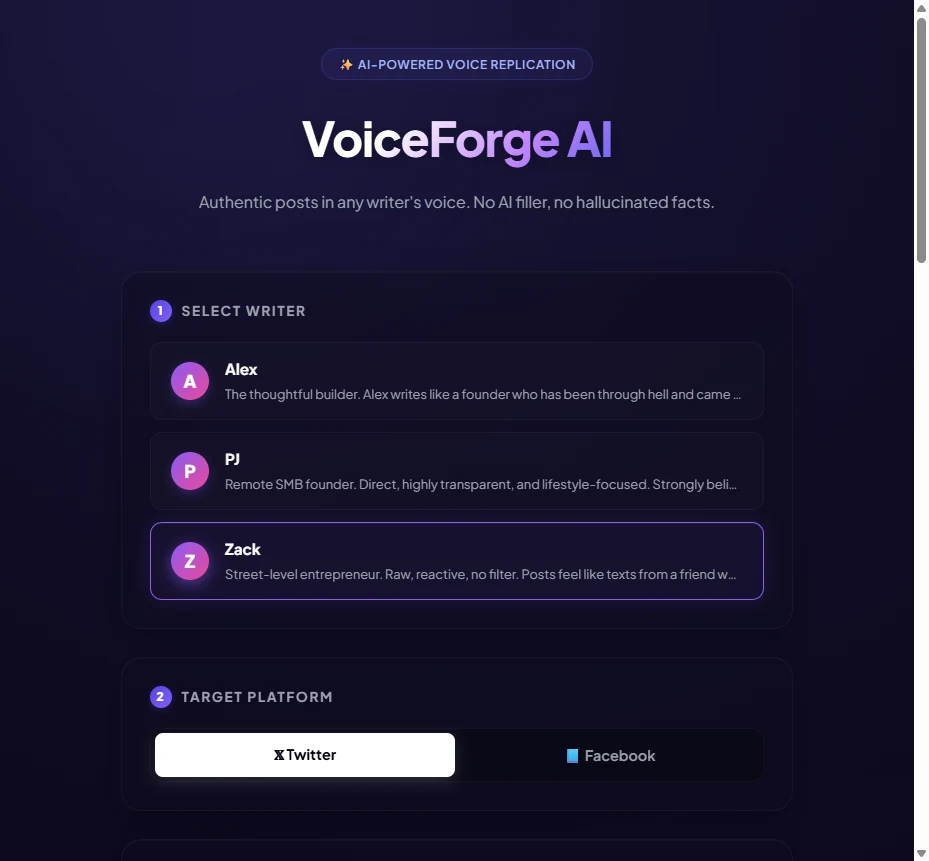 VoiceForge AI writing-style and platform selection interface